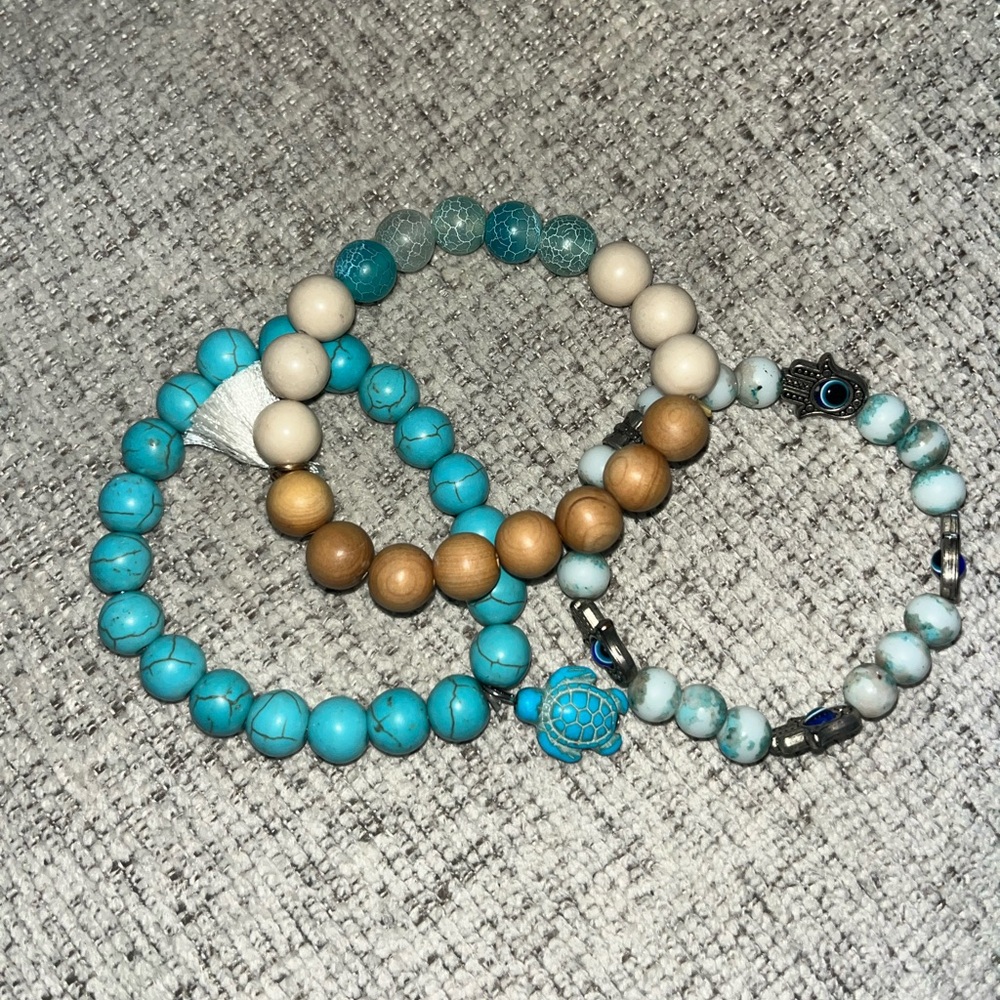 š3for20 Anthropologie Boho Beachy Summer Bracelet Set Quartz Evil Eye - Picture 3 of 3
